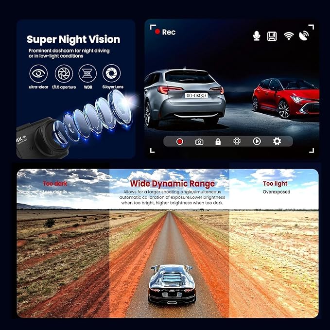 Dash Cam Front and Rear, 4K HD Dash Cam for Cars Built-in WiFi, Car Camera with Night Vision, 64GB Card, 170°Wide Angle, WDR, 3" IPS Screen, Loop Recording, G-Sensor, 24 H P Monitor (K26)