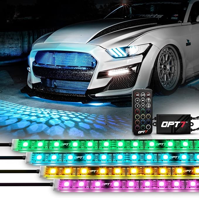 OPT7 Aura 4PCS RGB LED Grille Lights with Remote Control, 12 inches Waterproof LED Strip Lights, Multicolor, Dimmer, Fade, Cycle, Strobe, Peel'n'Stick Front Grill Valence, Car Truck SUV Decorations