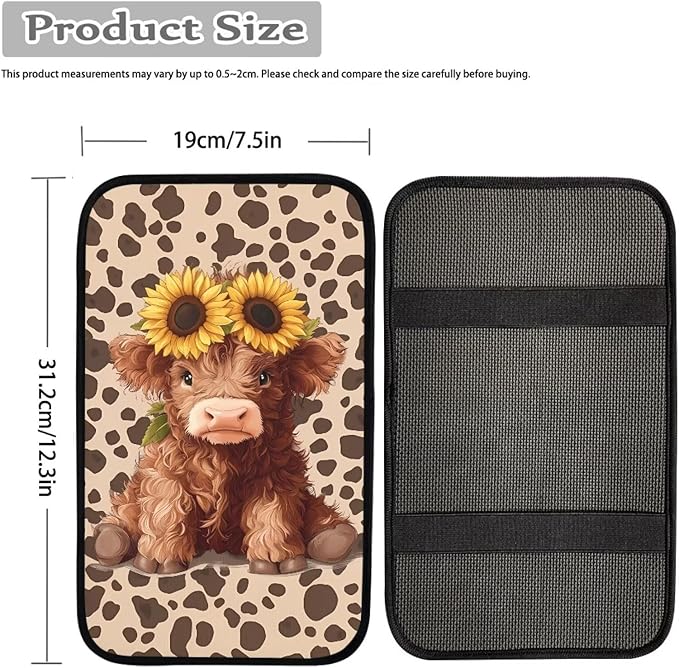 Dreaweet Car Center Console Cover Cute Highland Cow Car Accessories Arm Rest Cover for Car Women Soft Comfortable Car Armrest Storage Box Mat Easy to Install
