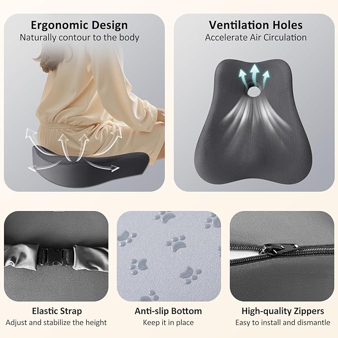 Seat Cushion,Lumbar Support Pillow for Office Chair,Memory Foam Coccyx Seat Cushion,Ergonomic Mesh Back Support Pillow,Office Desk Chair Cushion for Sciatica,Back&Tailbone Pain Relief,Grey