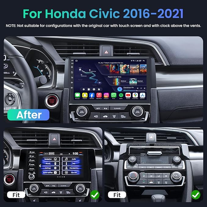 Car Radio for Honda Civic 2016-2021: 4Core 64G ROM 9 Inch Touchscreen Stereo Head Unit with Wireless CarPlay Android Auto Mirror Link GPS Bluetooth FM SWC Navigation WiFi, Free Camera