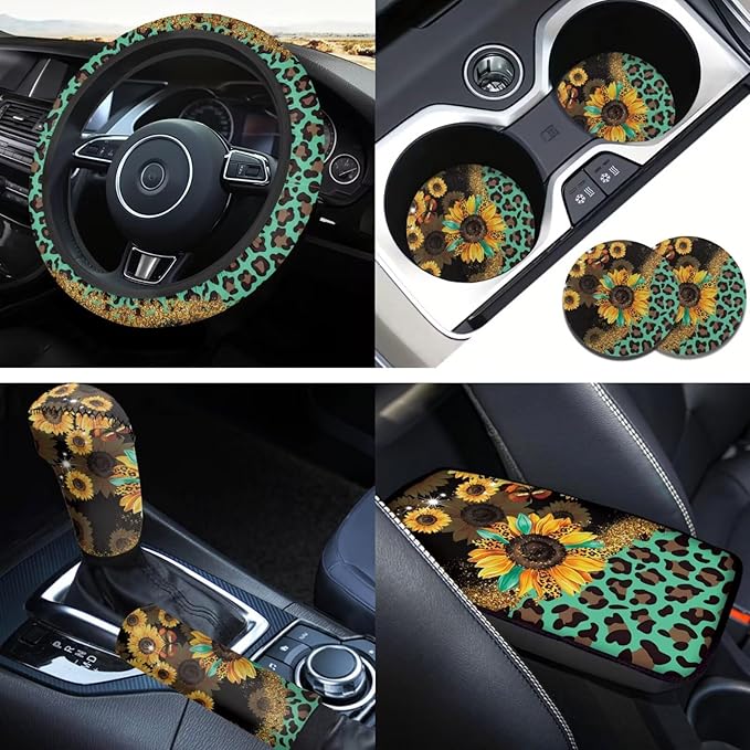 Sunflower Car Accessories 6pcs Set Leopard Hippie Steering Wheel Cover Handbrake Gear Cover Cup Coasters Set for Truck SUV