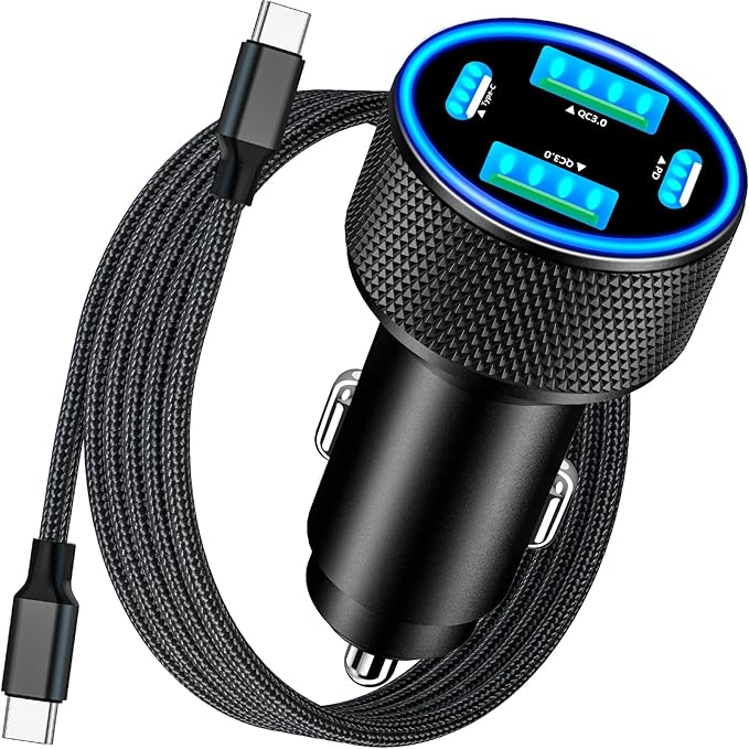 [Apple MFi Certified] iPhone 17 Car Charger, KYOHAYA 90W 4-Port Dual USB-C&USB-A Power Cigarette Lighter PD/QC3.0 UBS-C Car Charger with Type-C Braided Cord for iPhone 17/17 Pro/16 Pro/15/Galaxy/Pixel