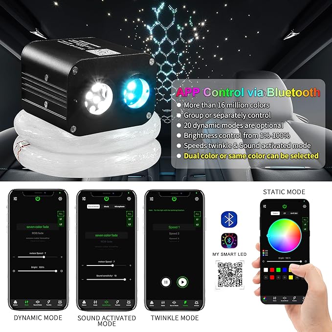 ATOKEE Twinkle Starlight Headliner Kit Mixed 700pcs 9.8ft, 20W Dual Color Dual Head Fiber Optic Star Lights Kit for Car Roof with APP/Remote Control