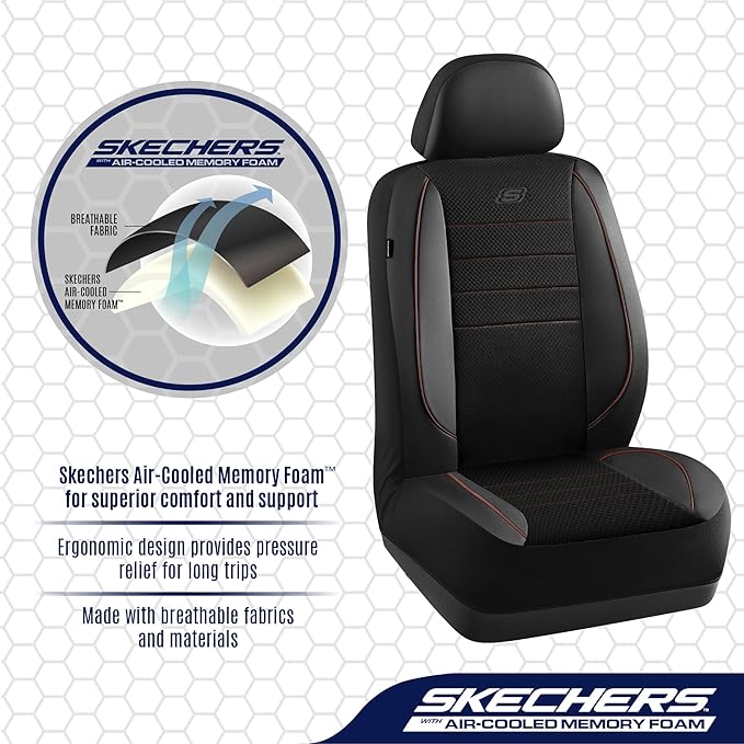 Skechers Air-Cooled Memory Foam Seat Covers,Mesh Thick Car Seat Covers,Piping Leather Car Seat Covers Front Seats,Airbag Compatible,Automotive Comfort Universal FitMost Cars,Vans,Truck,SUV,Brown