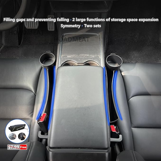 Seat gap filler Compatible with Model Y/Model 3.Deeper Than Standard Retail Models(7.5cm)|Added Cup Holder (2 Fixed Points) + Hooks + Charging Cable Port |2pcs Black| Free Window Break Hammer 1pcs|