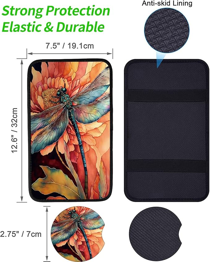 Car Armrest Cover Pads Universal Fashion Cute Auto Center Console Armrest Cover Pad with 2PCS Car Coasters Soft Waterproof Car Armrest Seat Protector for Women Girls, Dragonfly