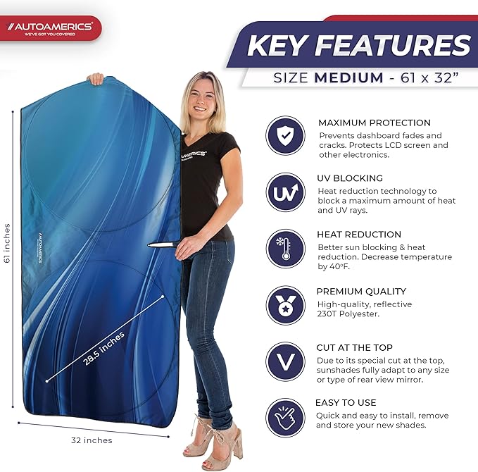 Autoamerics 1-Piece Windshield Sun Shade - Ocean Wave Foldable Car Front Window Sunshade for Most Cars SUV Truck - Heat Blocker Visor Protector Blocks Max UV Rays and Keeps Your Vehicle Cool - Medium
