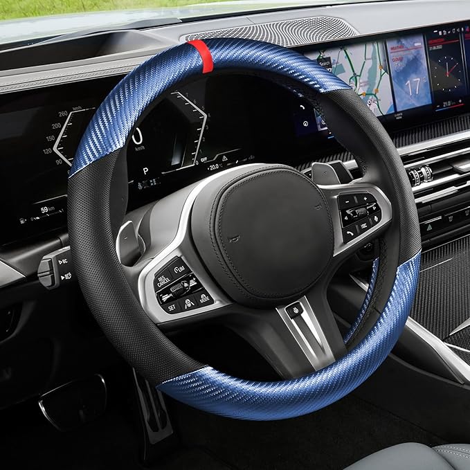 Carbon Fiber Car Steering Wheel Cover, Universal 15 inch Breathable Anti Slip Steering Wheel Covers, Car Interior Accessories Steering Wheel Protector for Men and Women, Fit for Most Cars (Blue/Black)