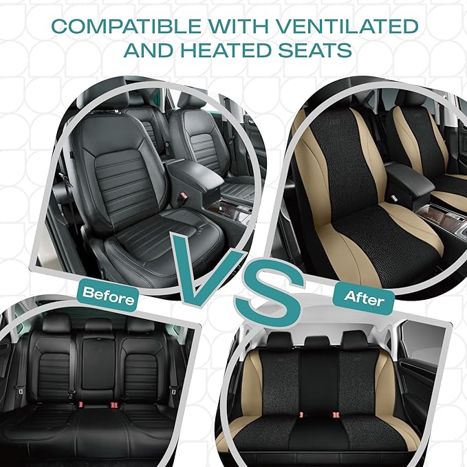 Skechers Car Seat Covers,Leather Seat Covers with GOGA Mat Technology,Waterproof Car Seat Covers Front Seats,Airbag Compatible,Comfort Universal Fit for Most Cars,Vans,Trucks,SUVs,Beige