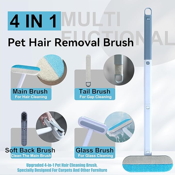 Pet Hair Remover Set – Removes Pet hair from Carpets, Furniture & Car Seats For Cat & Dog, includes 4-in-1 Magic Brush (Extended Handle) & a Electrostatic cat Hair Remover Glove.
