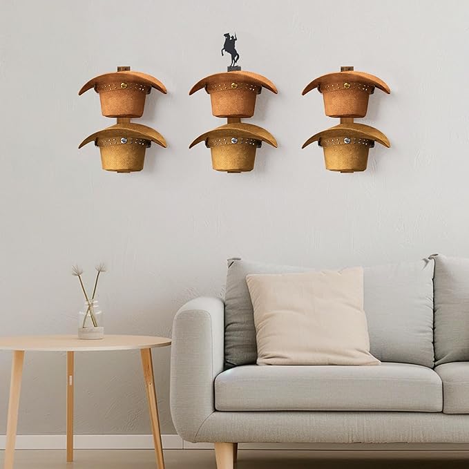 Cowboy Hat Rack for Wall – 3-Piece Wooden & Metal Western Hat Holder, Rustic Rider Sign Decor, Holds up to 6 Hats, Wall Mounted Cowboy Hat Organizer & Storage Display Rack for Cowboy Room Decor