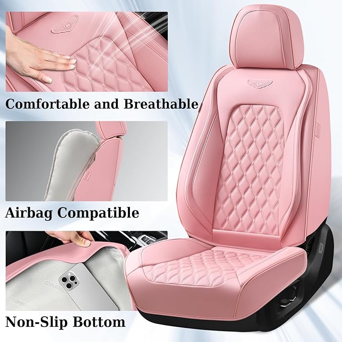 Coverado Full Set Car Seat Covers, Luxury Faux Leather Waterproof Seat Covers, Pink Car Seat Protectors, Universal Fit for Most Cars, Automotive Seat Covers-Pink