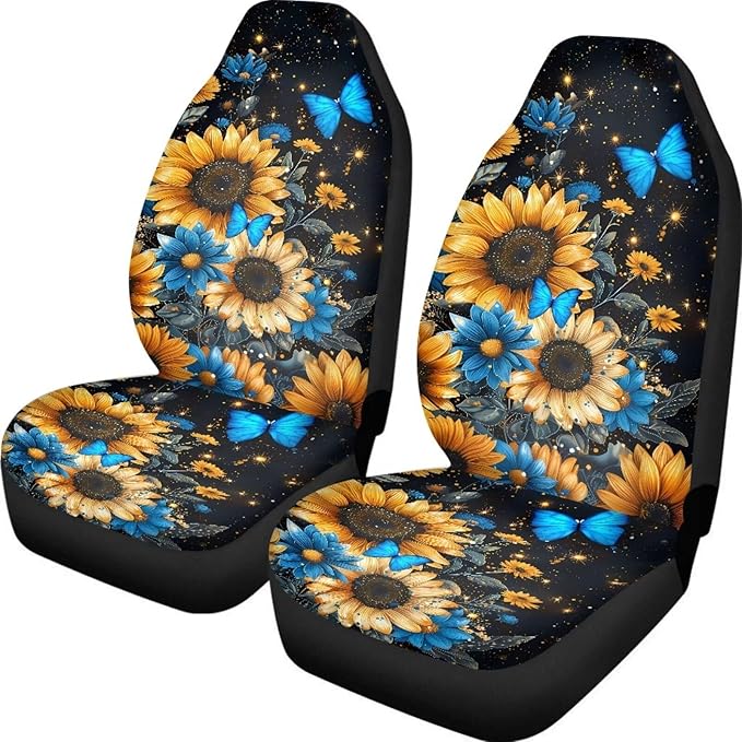 BIGCARJOB Sunflower Car Accessories Sets 2 Pcs Auto Front Seat Protector Butterfly Print Car Seat Cover Sets for Womens Girly Cute Car Interior Seat Cushion Pads