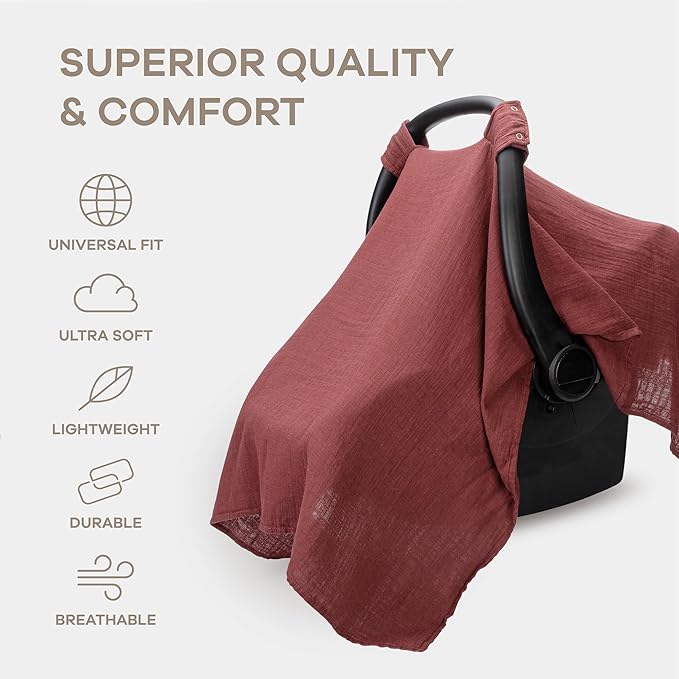 Comfy Cubs Baby Car Seat Cover - Soft, Breathable Bamboo Rayon and Muslin Cotton Blend - Lightweight Canopy for Sun, Bug, and Comfort Protection - Large Size Infant Seat Cover in Wine Design