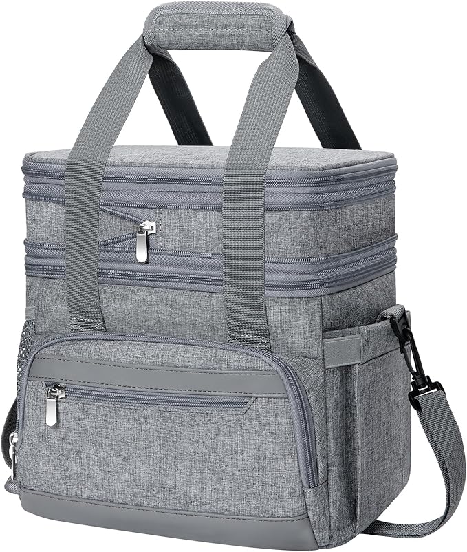 Insulated Lunch Box for Men & Women - Double Layer Leakproof Lunch Bag with Adjustable Shoulder Strap, Expandable Food Cooler for Work, Office, Travel, Camping (Grey)