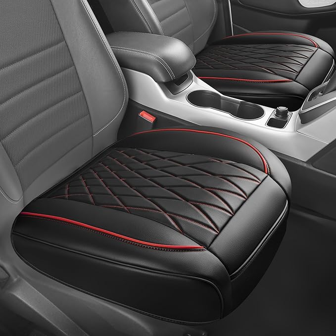 CAR PASS 2 Pack Leather Front Car Seat Covers, Bottom Seat Covers Full Wrapped with Storage Pocket, Anti-Slip PU Seat Protectors,Waterproof Seat Cushion Pad Universal Fit Sedan SUV Truck, Black/Red