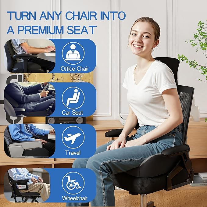 Benazcap Large Memory Foam Seat Cushion Lumbar Support Pillow for Sciatica & Tailbone Pressure Relief Coccyx Pad for Office Chair, Wheelchair, Car, Home, Office, Grey
