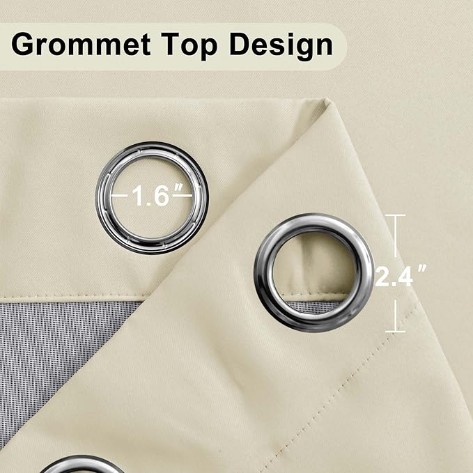 XWZO 100% Blackout Curtains - Heat and Full Light Blocking Drapes with Black Liner for Bedroom/Laundry Room, Grommet Top Window Panels with Tiebacks, Beige, W42 x L72, Set of 2