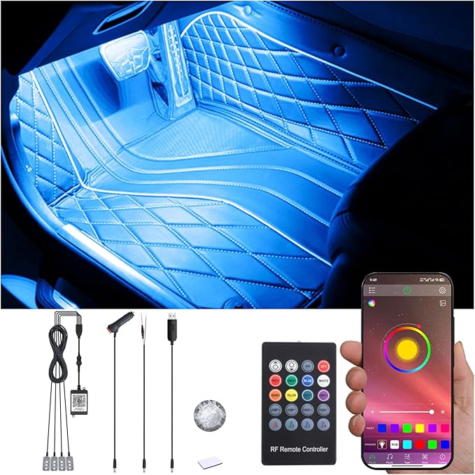 Car Ambient Lighting Kit Bluetooth App Control + RF Remote Control 64 Colors Multicoloured Music Interior Footwell Lighting Kit 12V
