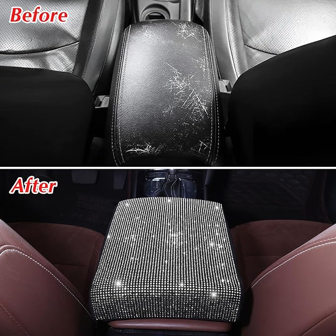 Bling Car Armrest Cover with Memory Foam Cushion Pad & Rhinestones, Universal Diamond Center Console Cover for Cars, Bling Middle Console Cover, Bling Car Accessories for Women, White
