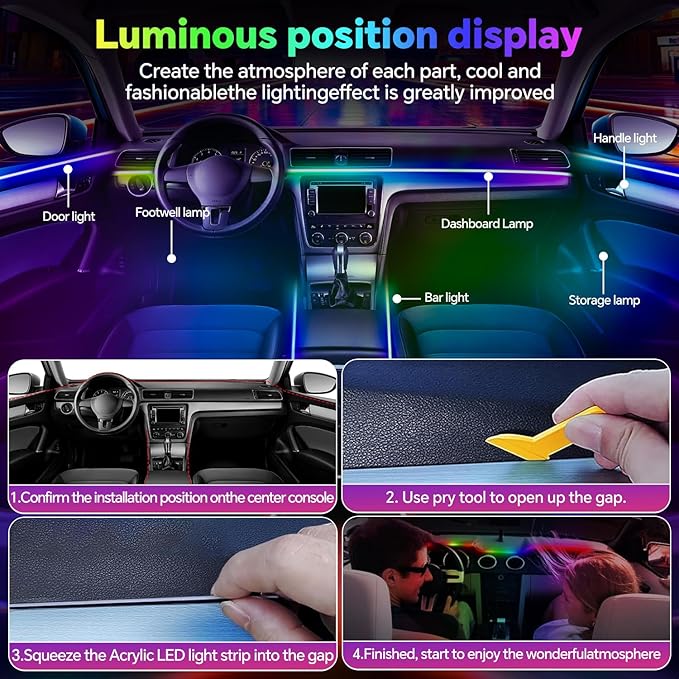 Dream Color Acrylic Interior Car Ambient Light Kit, Bphuny 22 in 1 593 LEDs Fiber Optic Multiple Modes Decoration Atmosphere Lights with Music Dynamic Rainbow Rhythm, RGB Neon Lights for All Cars