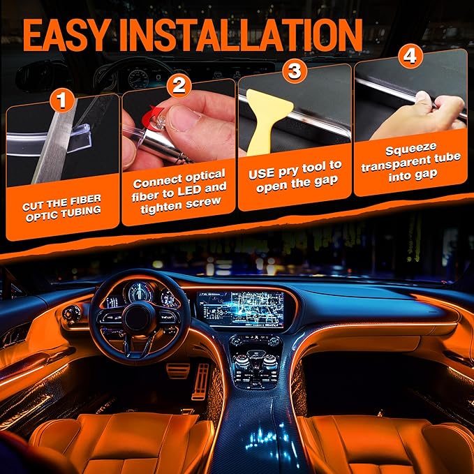 Interior Car LED Strip Lights, RGB 10-in-1 16 Million Colors Ambient Lighting Kit with 470 inches Fiber Optic Wireless APP & Remote Control Music Sync