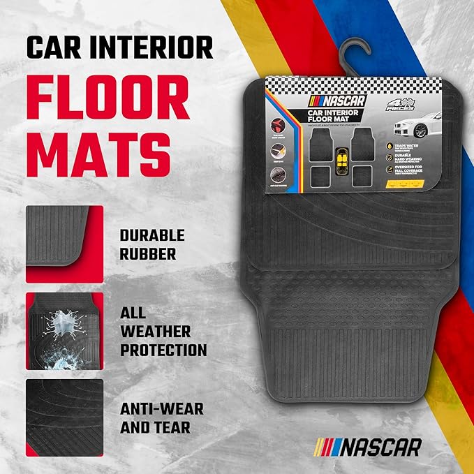 NASCAR Essential Car Floor Mats – 4-Piece Set | All-Weather Protection | Universal Fit for Cars, Trucks & SUVs | Trim-to-Fit | Black Rubber Floor Mats