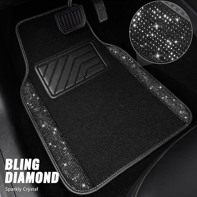 CAR PASS Bling Diamond Car Floor Mats, Sparkling Crystal Shining Glitter Rhinestone Carpet, Anti-Slip PVC Heel Pad Waterproof Universal for Automotive SUV,Sedan,Van,4pcs Girl Women Men Black Diamond