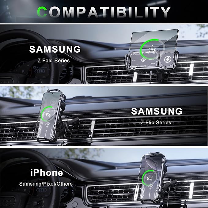 Wireless Car Charger Mount, Auto-Clamping 15W Dual Coil One-Touch 90° Rotatable Car Phone Holder Wireless Charger for Samsung Galaxy Z Fold 7/6/5/4/3, Z Flip, Galaxy S Series and iPhone