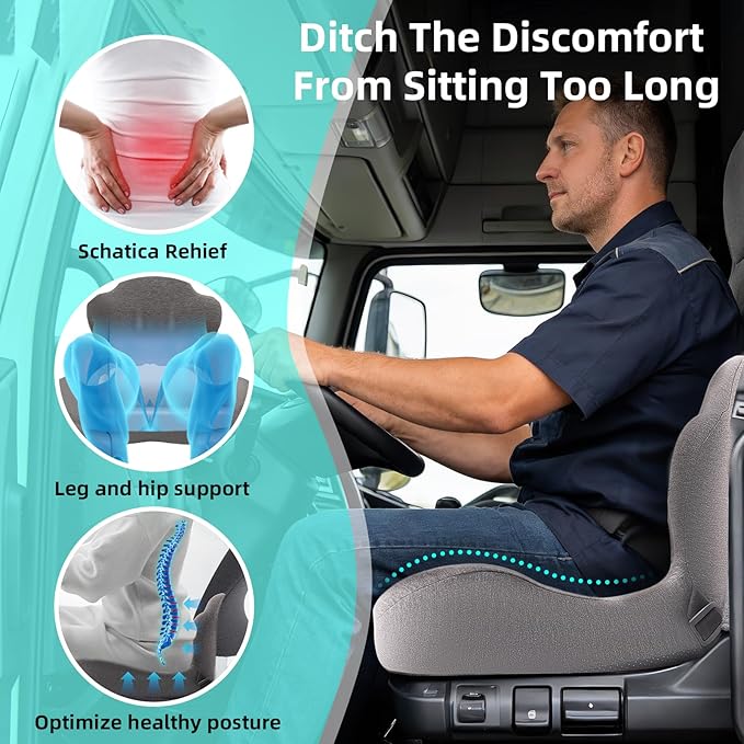 Seat Cushion, Memory Foam Truck Seat Cushion, L-Shaped Ergonomic Design Chair Cushion with Lumbar Support for Back Pressure Relief, for Long Sitting Office Worker and Truck Drivers