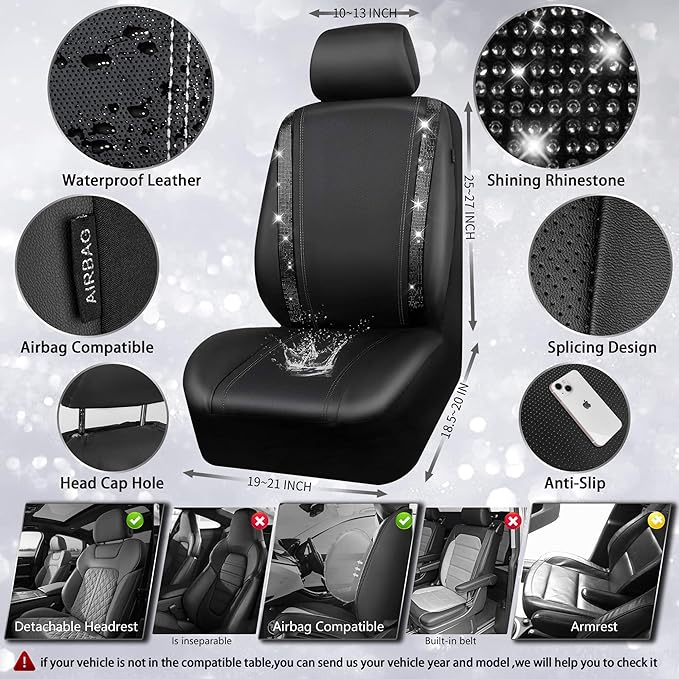 CAR PASS Leather Bling Diamond Car Seat Covers 2 Front Interior Sets, Waterproof Universal Shining Glitter Crystal Sparkle Fit for 95% Automotive Truck SUV Cute Women Girl, Black Rhinestone