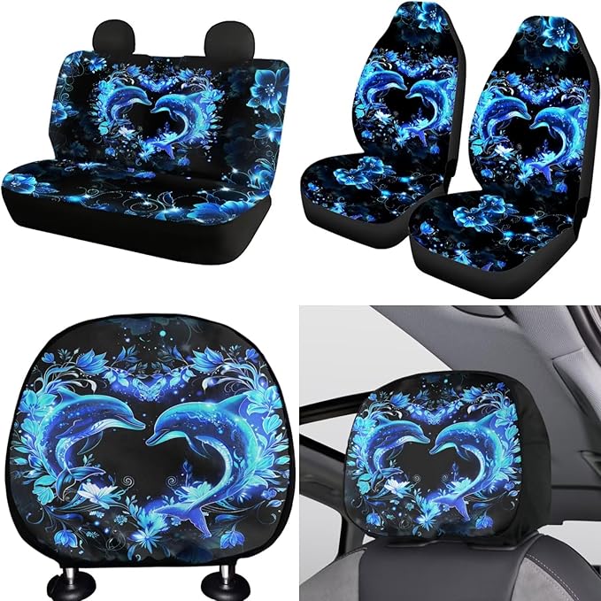 FKELYI Dolphin Universal Auto Seat Covers and Steering Wheel Protector, Car Gear Shifter Knob and Handbrake Cover, Headrest Covers, Cup Coasters