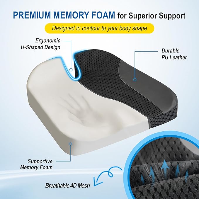 Car Seat Cushion: Ergonomic Memory Foam Cushion for Driving and Long Drives, for Sciatica and Back Pain, Seat Pillow for Car, Truck, Office Chair, Home, Wheelchair- Black