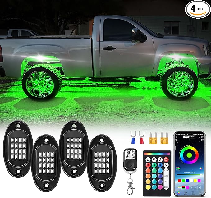 4Pods RGB LED Rock Lights Kit with APP/RF Remote Control, Car Underglow Lights with Brake Music Mode Multicolor Neon Underbody Lights Waterproof 12V for Trucks Pickup Jeep Golf Cart SXS ATV