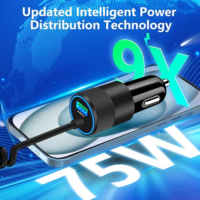 【MFi Certified】iPhone 17 Car Charger Fast Charging, Braveridge 75W USB C PD&QC Car Power Cigarette Lighter USB Charger with 6FT Type C Coiled Cable for iPhone 17/17 Pro Max/16/15/Galaxy S26/S25/Pixel