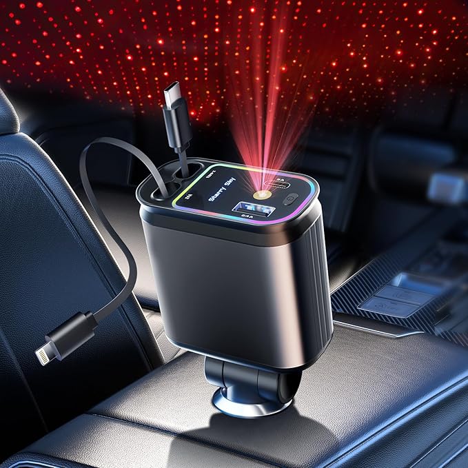 Retractable Car Charger with Starlight, 66W Starlight in Car roof 4 in 1 Retractable Car Phone Charger Adapter, Fast Charging USB C Cable, Compatible with iPhone 17/16/15/14/13/12