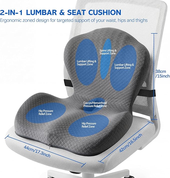 Office Chair Cushion for Tailbone & Back Pain Relief, Strong Lumbar Support Ergonomic Cushions, Comfortable Memory Foam Cushion for Pain Relief, Suitable for Office Chairs, Home Chairs, Car