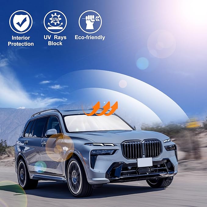 Windshield Sun Shade Custom Fit for 2021 2022 2023 2024 2025 2026 BMW X7 3.0L xDrive40i Accessories Foldable Sunshade Sun Blocker Protect Car from Sun Rays & Heat Damage Keep Car Cooler