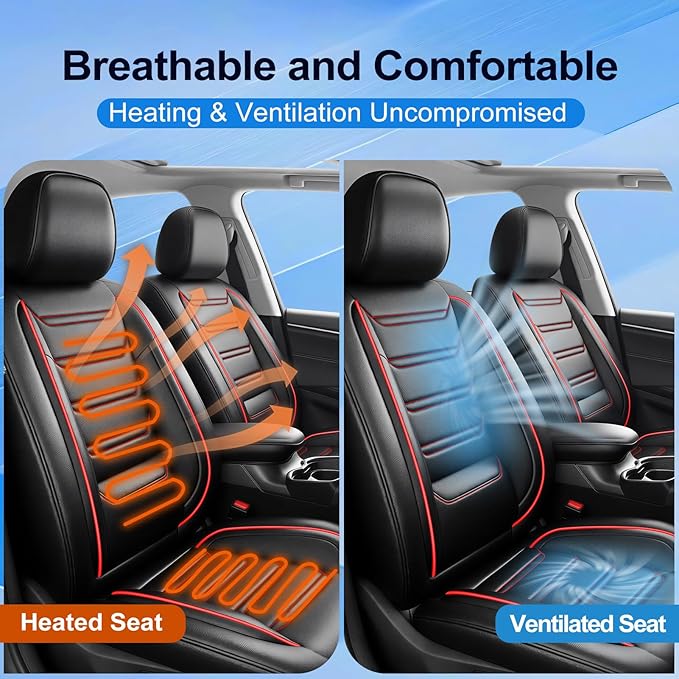 Fit Trax Car Seat Covers (Front Pair) for Chevrolet/Chevy Trax 2015-2026 - Luxury Full Coverage Leather, Waterproof & All Weather Seat Cushion Protector, Airbag Compatible, Black with Red Trim