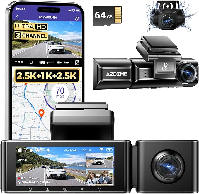 AZDOME M550 3 Channel Dash Cam, 4K+2.5K Front and Rear, 2.5K+1080P+2.5K Front Rear Inside Triple Car Camera Built-in WiFi GPS, 64GB Card Included, 3.19" Screen, WDR IR Night Vision, 24H Parking Mode