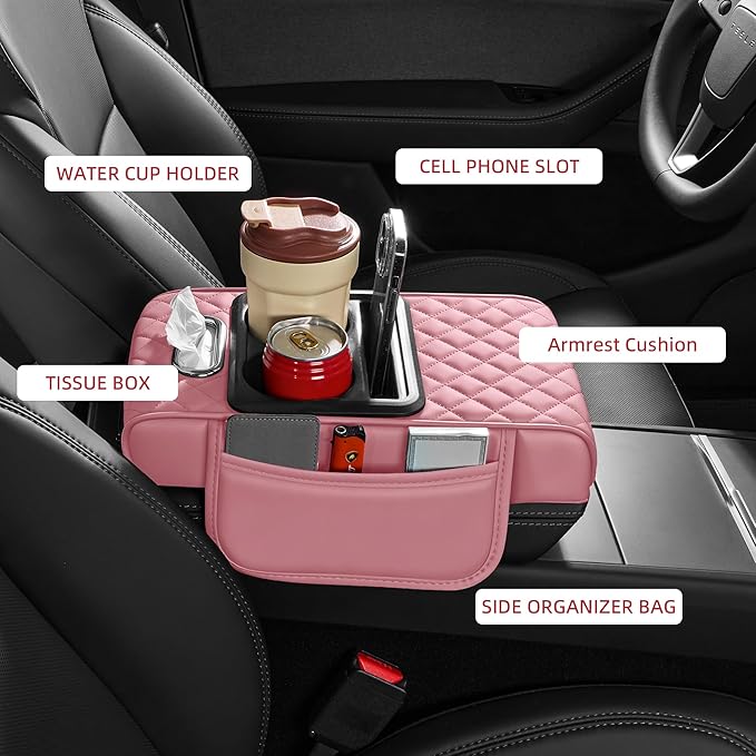 5 in 1 Car Center Console Cover, Armrest Pad with 2 Storage Pockets, Cup Holder, Tissue Box Slot, Phone Holder, Universal Car Interior Organizer (Pink)