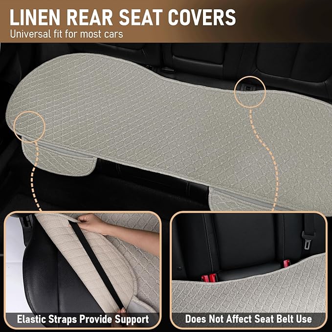 3 PCS Linen Car Seat Covers with Storage Pocket, Back Seat Covers Protectors with Non-Slip, Breathable Bench Seat Covers Universal Fit for SUVs, Cars, Trucks (Beige)