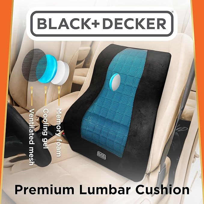 BLACK+DECKER Memory Foam Lumbar Support Pillow with Cooling Gel – High Back Lumbar Cushion for Office, Car, Wheelchair & Airplane – Ergonomic, Pain Relief, Adjustable Strap, Washable Cover,Black/Grey