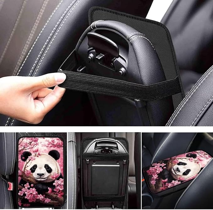 Dreaweet Car Armrest Cover Cherry Blossoms Panda Car Accessories Center Console Cover Replacement,Universal Armrest Cover for Car Center Console for Truck Sedan SUV