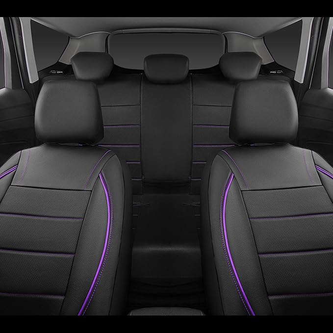 CAR PASS Piping PU Leather Car Seat Cover,Inside Zipper Design and Reserved Opening Holes Airbag Compatible,Universal FIT for Car, SUVs,Van,Trucks,Full Set, Black & Purple