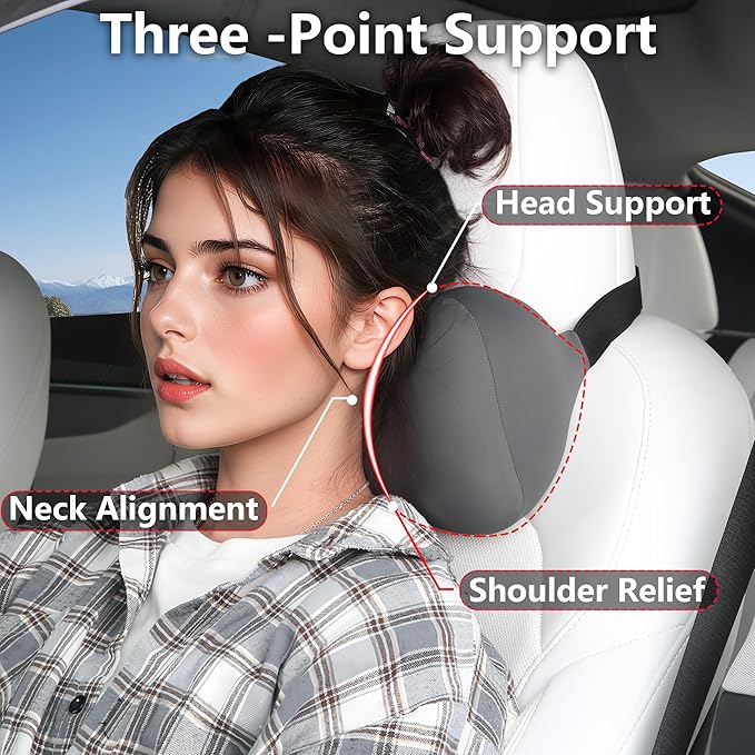 Car Headrest Pillow for Neck Support, Memory Foam Car Neck Pillow with Adjustable Strap, Ergonomic Neck Support Relieves Driving Fatigue (Grey)