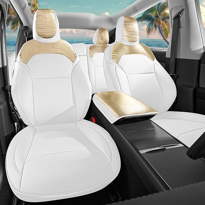 Seat Cover for Tesla Model Y Juniper 2025 2026 Crocodile White Custom Seat Cover for Tesla Model Y Full Set (Crocodile White-25-26)