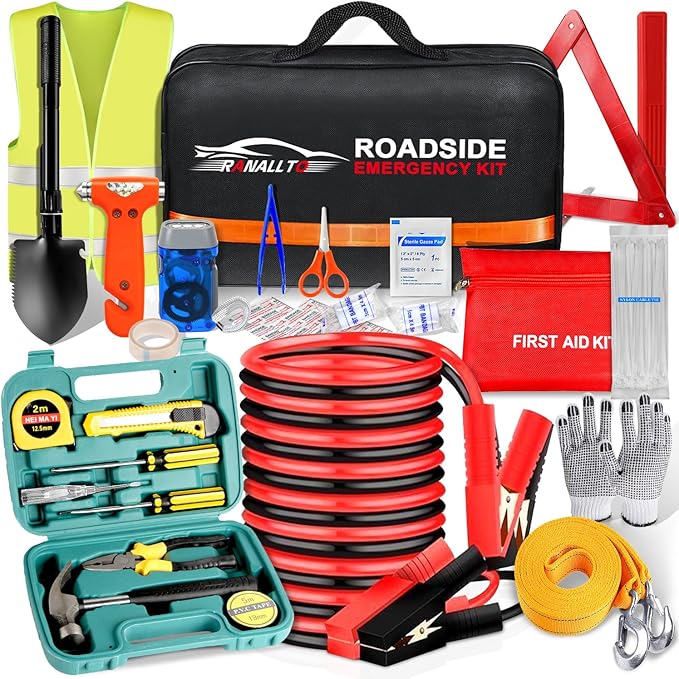 Car Emergency Roadside Tool kit,Road Side Safety Assistance Kit for Women Men Adult,Auto Truck Vehicle Emergency Bag with Shovel Jumper Cable First Aid Kit