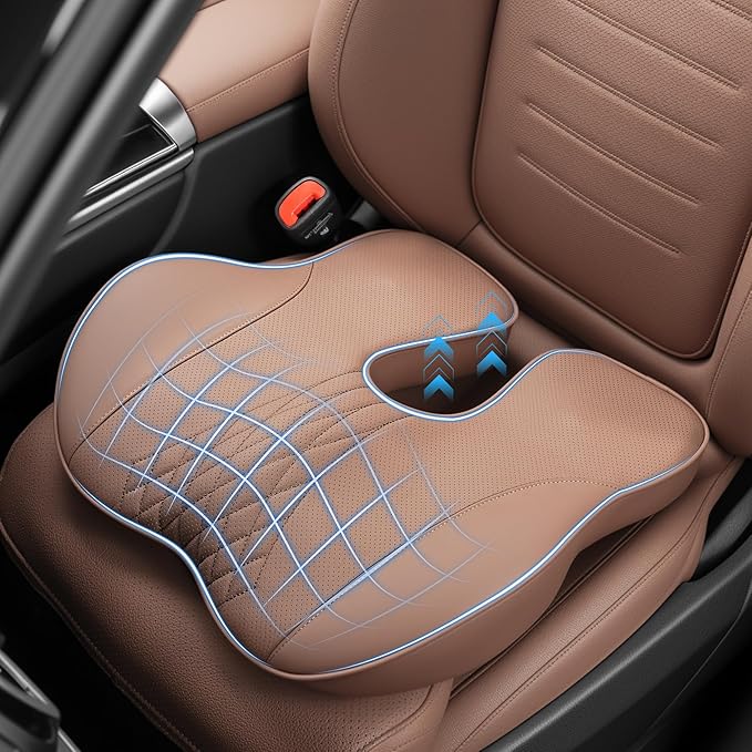 Leather Adult Booster Car Seat Cushion, Effectively Increase Height by 3.96 inch, Dense Memory Foam for Hip Tailbone Coccyx Sciatica Seat Cushion Donut Pillow Seat Cushion for Hemorrhoid (Brown)